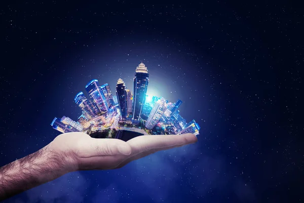 Close Unknown Hand Showing Glowing City Night Sky Background — Stock Photo, Image