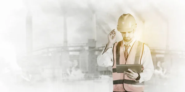Double Exposure Male Engineer Using Digital Tablet While Standing Factory —  Fotos de Stock