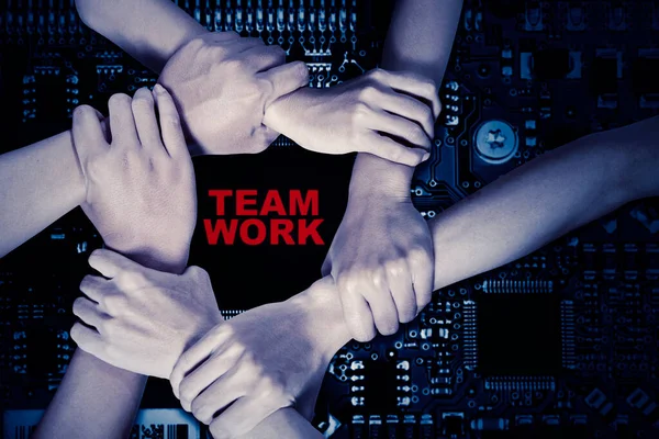 Group People Hands Holding Each Other Teamwork Word Circuit Board — Stock Fotó