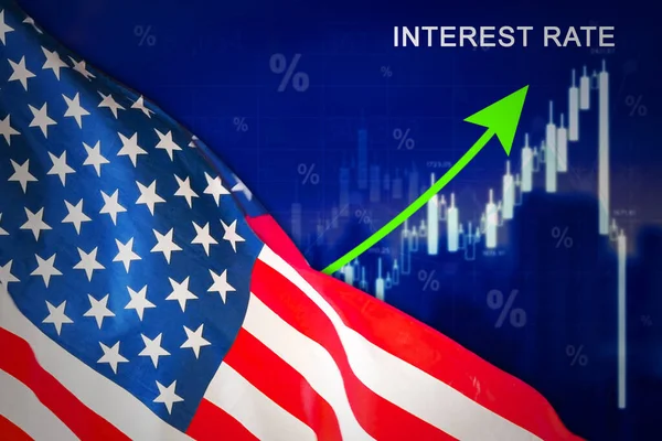Close America Flag Increasing Interest Rate Chart Background — Zdjęcie stockowe