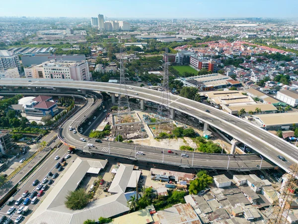 JAKARTA - Indonesia. August 08, 2022: Aerial view of new elevated toll from Kelapa Gading to Pulo Gebang in North Jakarta, Indonesia