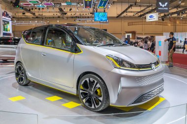 Tangerang - Indonesia. August 18, 2022: Electric car of Daihatsu Ayla EV showcased in an event of Gaikindo Indonesia International Auto Show 2022