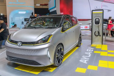 Tangerang - Indonesia. August 18, 2022: New Daihatsu Ayla EV showcased in an event of Gaikindo Indonesia International Auto Show 2022