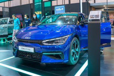 Tangerang - Indonesia. August 18, 2022: New KIA EV 6 GT-line car showcased in an event of Gaikindo Indonesia International Auto Show 2022