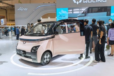 Tangerang - Indonesia. August 18, 2022: New Wuling Air ev car showcased in an event of Gaikindo Indonesia International Auto Show 2022