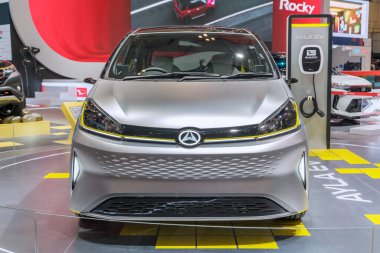 Tangerang - Indonesia. August 18, 2022: Ayla Ev car from Daihatsu exhibited at Gaikindo Indonesia International Auto Show (GIIAS) 2022