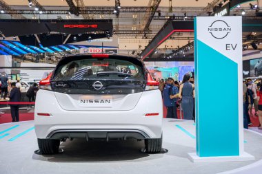Tangerang - Indonesia. August 18, 2022: Back view of Nissan Leaf car displayed in an event of Gaikindo Indonesia International Auto Show 2022