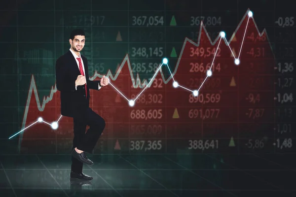 Arabian Businessman Expressing Happy While Standing Growth Finance Chart Background — Fotografia de Stock