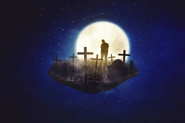 Halloween Horror Concept Silhouette Creepy Ghost Standing Floating Island Full — Stock Photo, Image