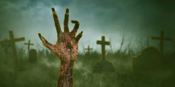 Assustador Zombie Mãos Levantando Cemitério Nebuloso — Fotografia de Stock