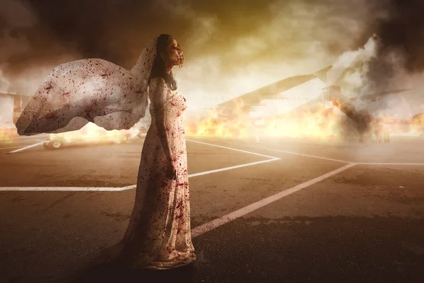 ハロウィンホラーのコンセプト 飛行機の背景が燃える飛行場を歩く不気味な花嫁ゴースト — ストック写真
