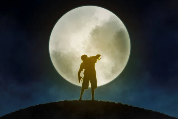 Halloween horror concept: Silhouette of a scary zombie man walking on the park with full moon background