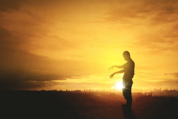 Silhouette of scary male ghost walking on the meadow with sunset background