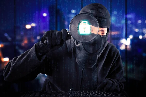 Male Hacker Using Magnifier Looking Padlock Security While Standing Cyberspace — Stock Photo, Image