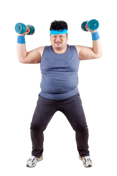 Full Length Happy Fat Man Exercising His Biceps Two Dumbbells — Stock Photo, Image