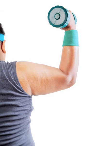 Gros Plan Jeune Homme Exerçant Ses Gros Biceps Avec Haltère — Photo