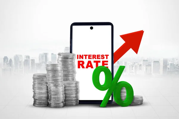 Mobile Phone Showing Interest Rate Text Piles Coins Cityscape Background — Stock Photo, Image