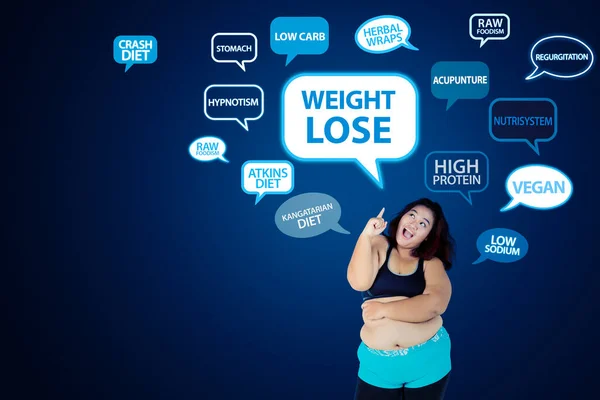Dikke Vrouw Draagt Sportkleding Terwijl Kijken Naar Gewicht Verliest Tekst — Stockfoto