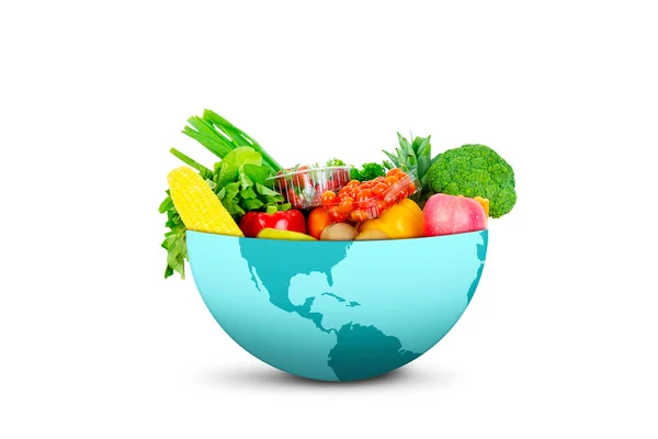世界粮食日的概念 工作室里有新鲜蔬菜和水果的球茎 因白人背景而被隔离 — 图库照片