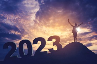 Mutlu iş kadınının silueti elinde bir kupa tutarken tepede başarısını 2023 numarayla kutluyor ve gündoğumuyla gökyüzü arka planında duruyor.