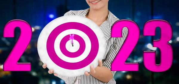 Close Businesswoman Hands Holding Dartboard 2023 Number While Standing Glowing — Stock Photo, Image