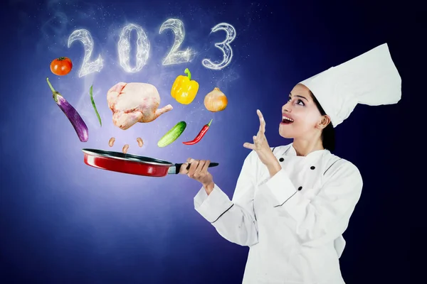 Happy Female Magician Chef Cooking Saucepan Flying Food Ingredients Smoke — Stock Photo, Image