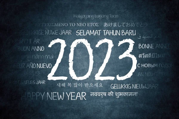 Image Happy New Year Greeting 2022 Year Different Languages Blackboard — Stock Photo, Image