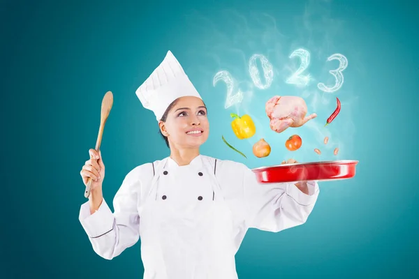 Indian Female Magician Chef Cooking Saucepan Flying Food Ingredients Smoke — Stock Photo, Image