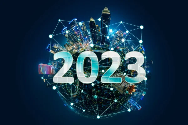 Smart City Sul Cielo Con 2023 Numeri Connessione Rete Incandescente — Foto Stock