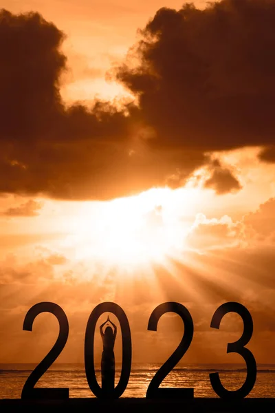 Silhouette Unknown Woman Exercising Yoga Tropical Beach While Standing 2023 — Stock Photo, Image