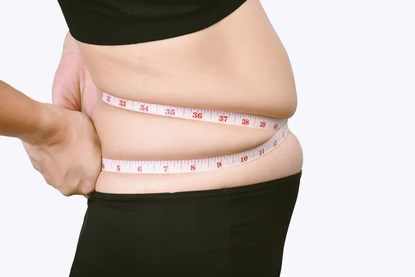 Mulher Gorda Medindo Sua Gordura Barriga Mulher Com Excesso Peso — Fotografia de Stock
