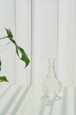 Cam eşyalar güneş ışığı gölge efektini yansıtır, yaz durgun hayat sahnesi, şeffaf, parlak su bardakları, güneşli bir günde ılık ışık titreşimleri..