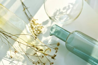 Cam vazo güneş ışığı gölge efektini, yaz durgun hayat sahnesini, şeffaf cam bardak su, güneşli bir günde sıcak ışık titreşimini yansıtır..