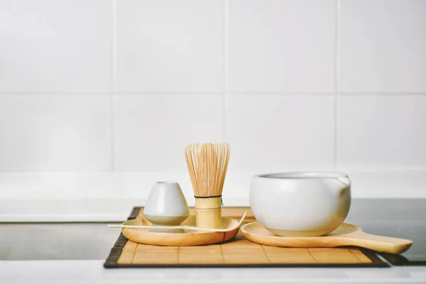 Matcha whisk and accessories, Green tea making set, Japanese ceremony traditional drink, Matcha tea bowl, Bamboo whisks and spoon.