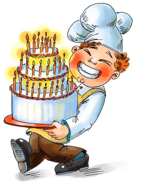 Chef holding a big cake with candles — Stock Photo, Image