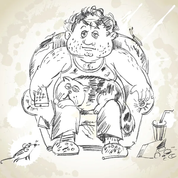 Gordo homem senta-se na poltrona e assistindo TV —  Vetores de Stock