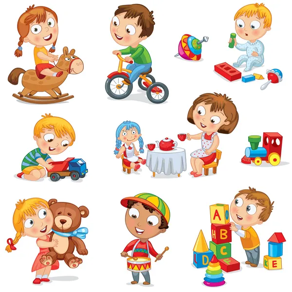 Niños juegan con juguetes — Vector de stock