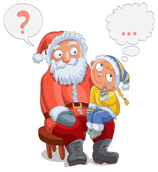 Gadis kecil duduk di pangkuan Santa dan membuat keinginan - Stok Vektor