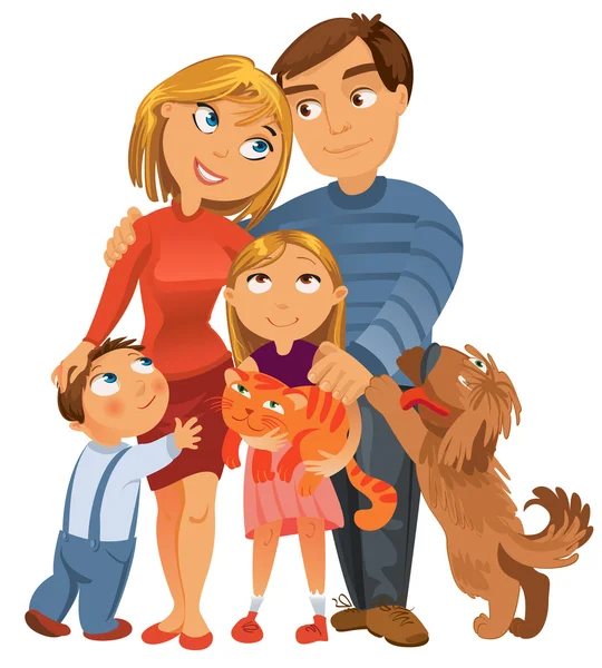 Familia feliz de cuatro y dos mascotas — Vector de stock