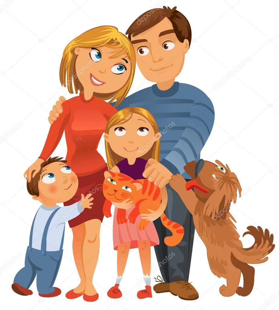 Happy family of four and two pets, posing together, vector illustration