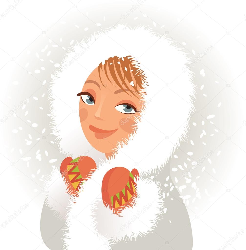 Cute young girl in a fur coat and mittens