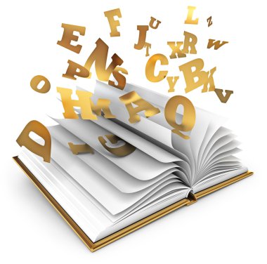 açık bir kitap uçan harfler