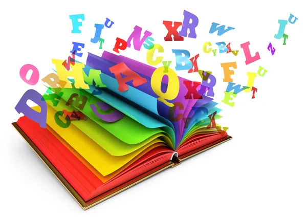 Letters flying out of an open book. Magic book. Fairy tale. White background. 3d render — Stock Photo, Image