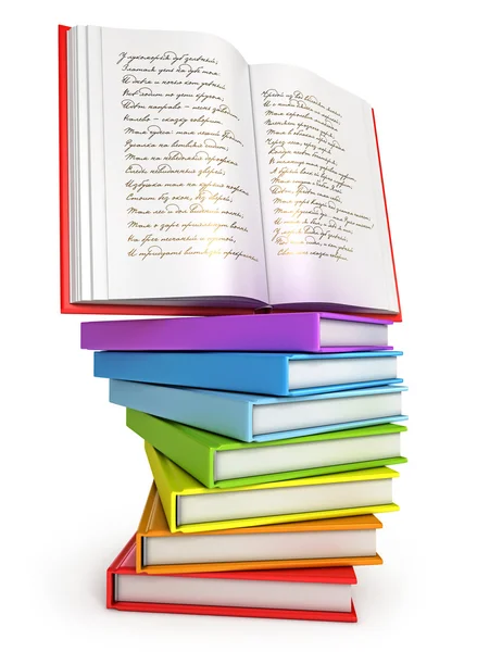 Ein Stapel bunter Bücher mit offenem Buch darüber — Stockfoto