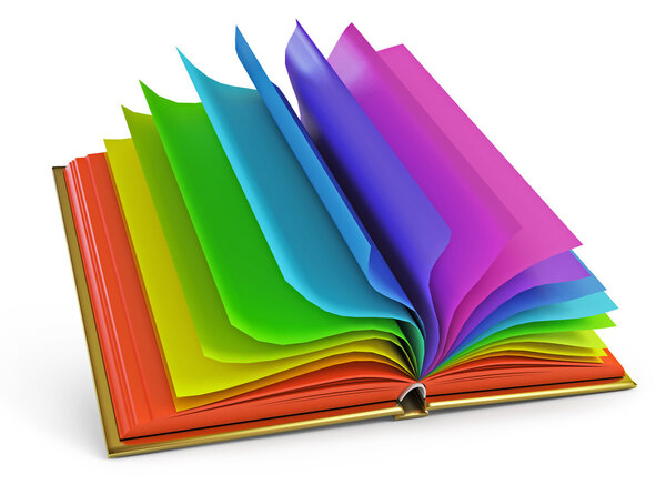 Open book with colorful pages. White background. 3d render