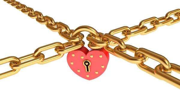 Padlock in a heart-shaped. Gold chain. Isolated on white background. Conceptual illustration. 3d render — Stock Photo, Image