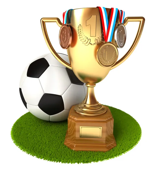 Gold Cup with medals and soccer ball — Stock Photo, Image