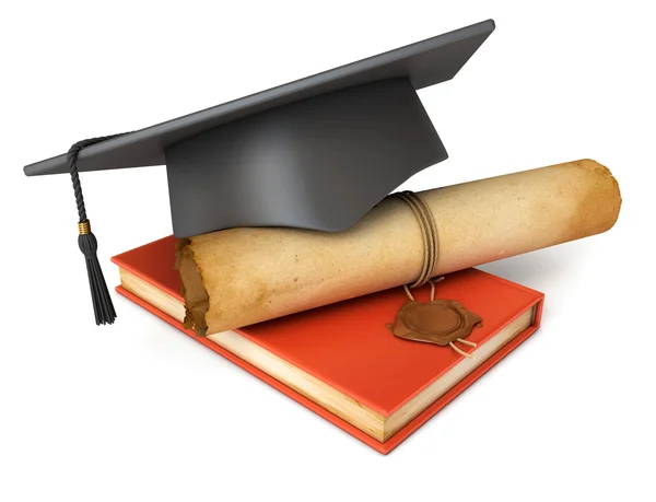 Tapa de graduación, diploma y libro rojo — Foto de Stock