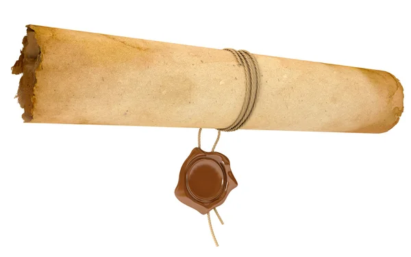 Ancient scroll with wax seal. Old paper sheet — Stock Photo, Image