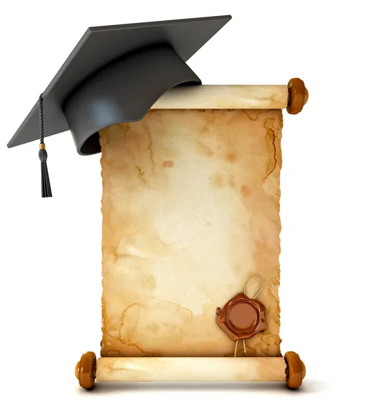 Graduation cap and diploma. Unfurled an ancient scroll with wax — Stock Photo, Image